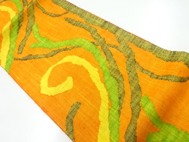 手織り真綿紬唐草模様織出し名古屋帯